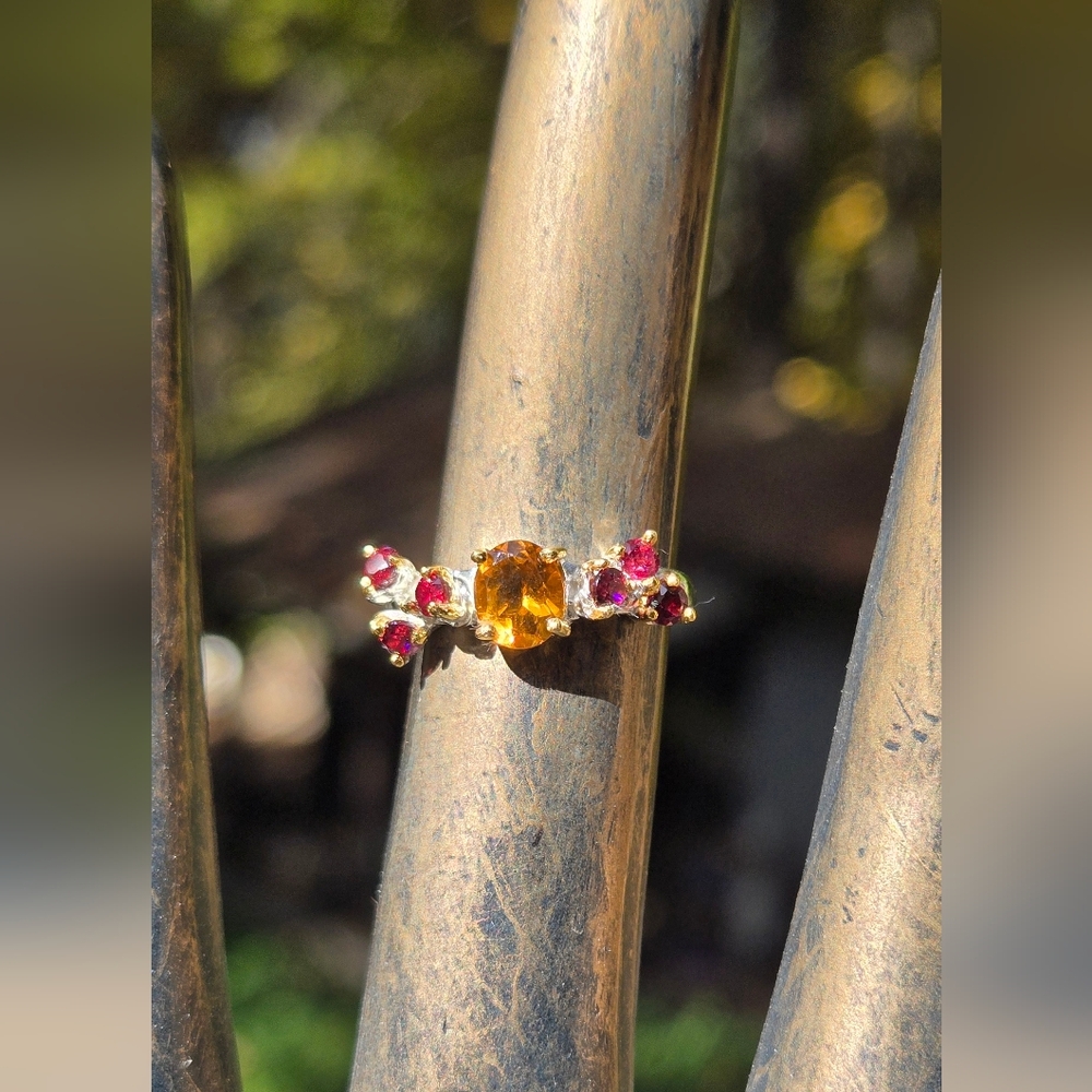 Citrine & Rhodolite Natural Gemstone Sterling & Gold Ring Sz6 - Picture 3 of 8